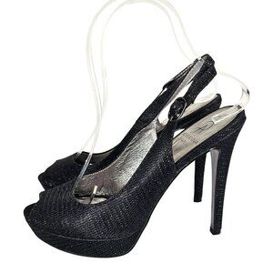 Adrianna Papell Womens Size 7 Black Glitter Peep Toe Slingback High Heels 4.5"